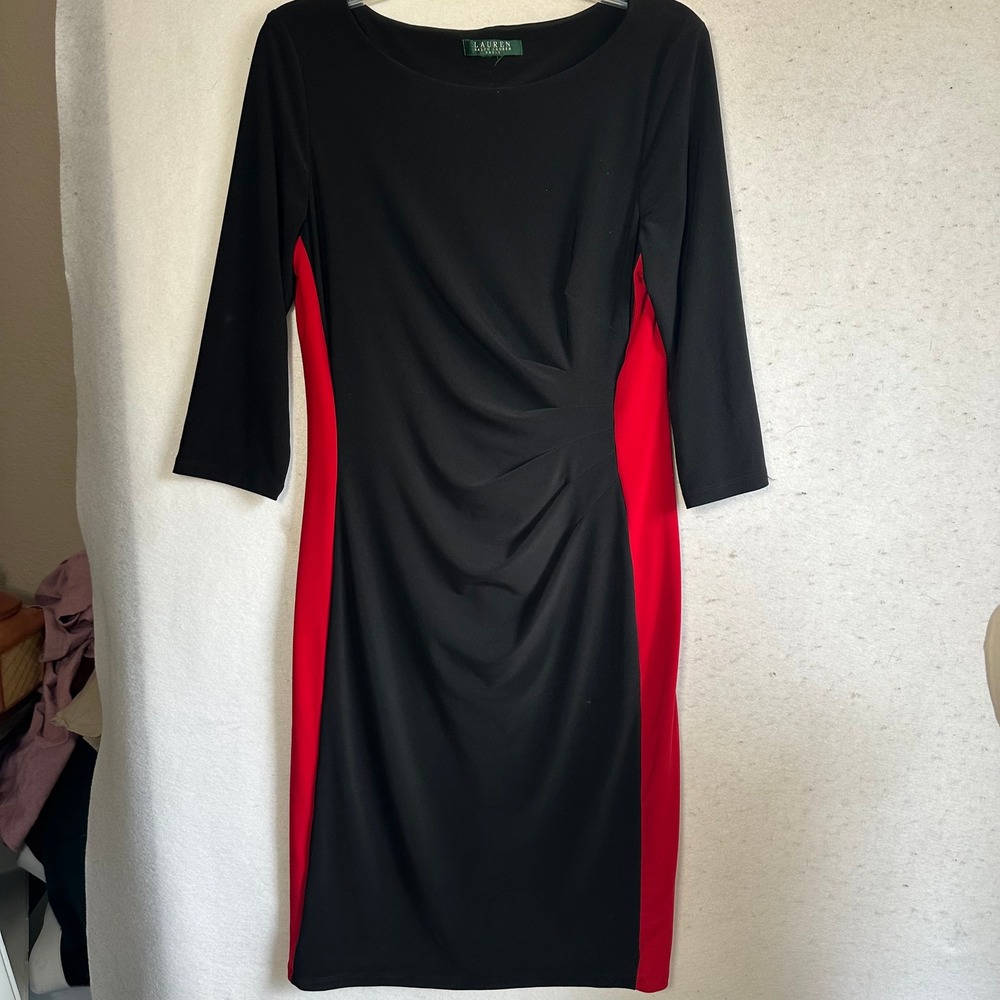 Lauren Ralph Lauren Black Red Colorblock Ruched Sheath Dress 3/4 Sleeve 6